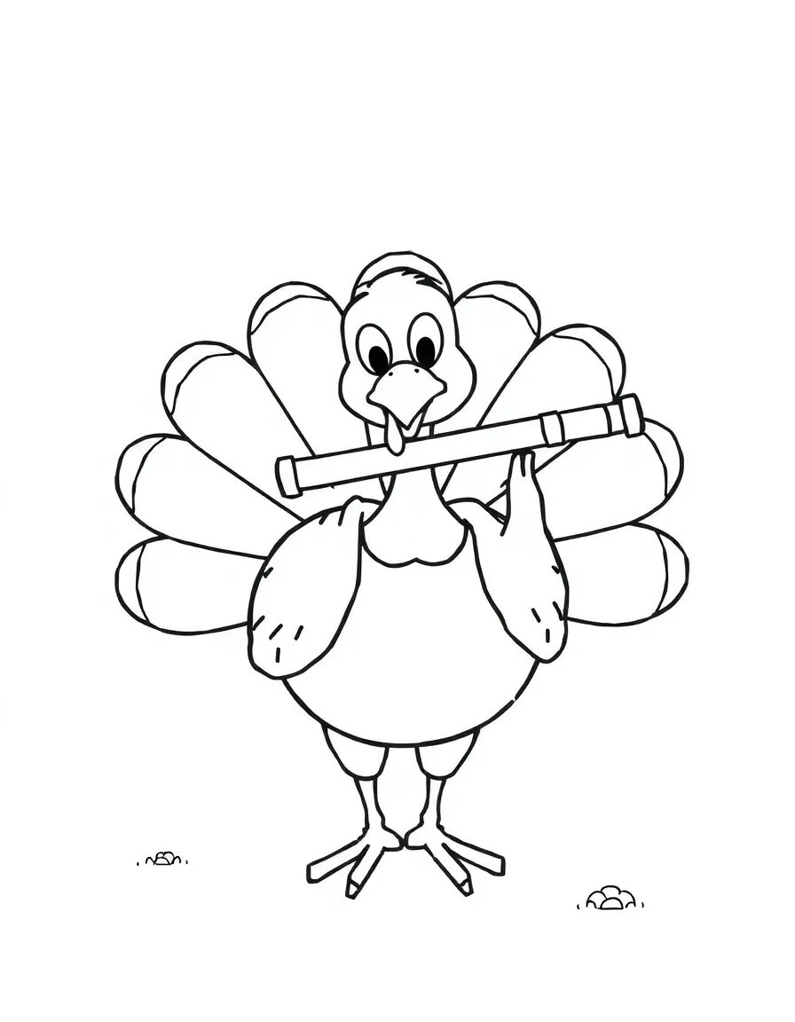 A cheerful turkey playing a flute.