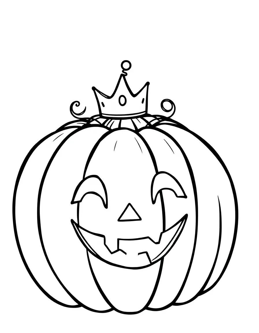 A big, round pumpkin with a friendly face, wearing a tiny crown.