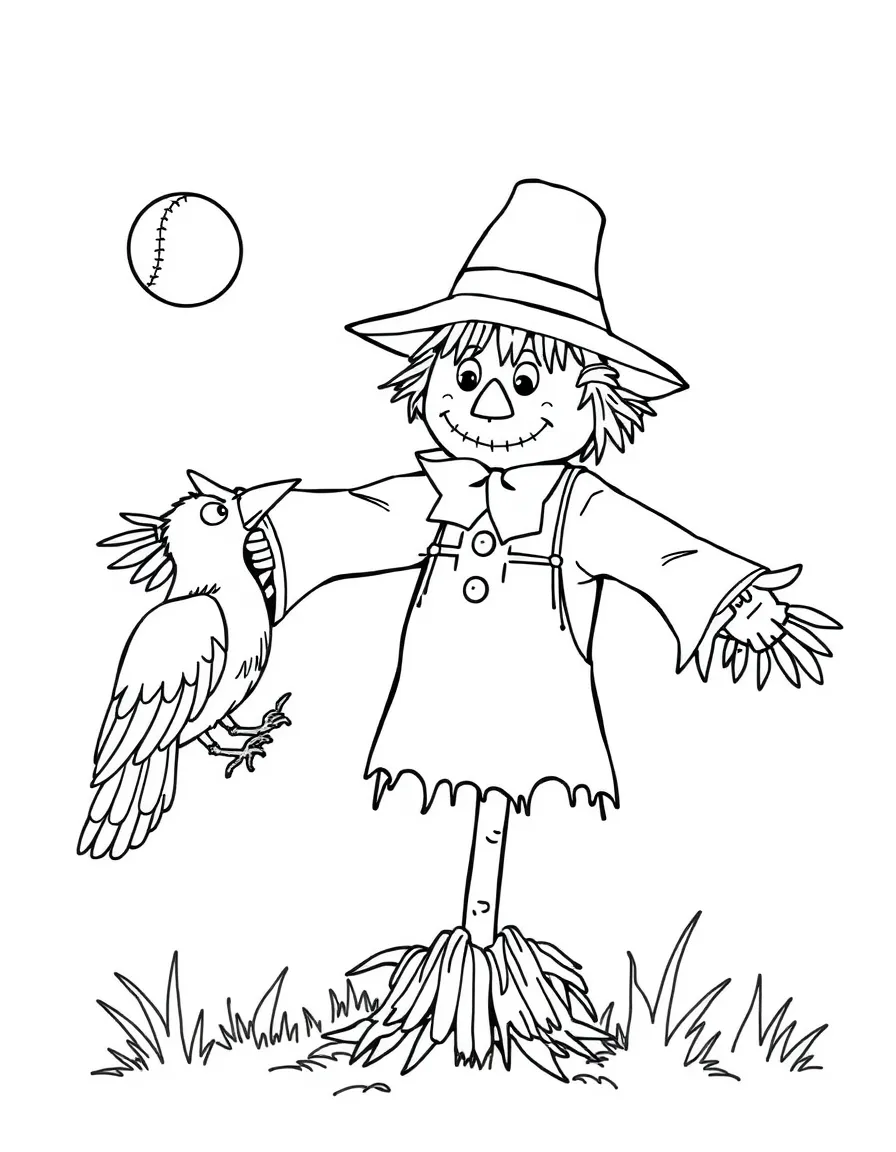 A scarecrow playing catch with a friendly crow.