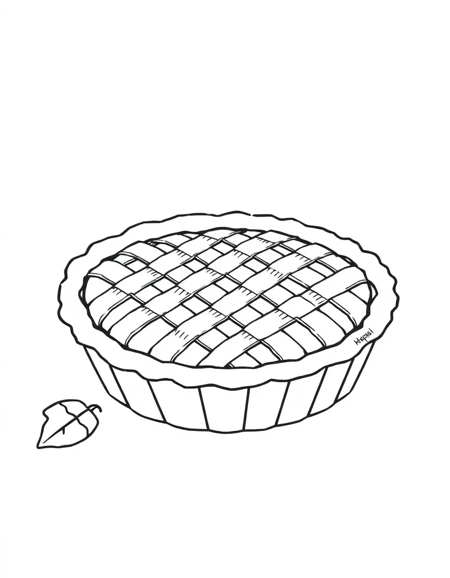 A detailed drawing of a Thanksgiving apple pie with lattice crust.