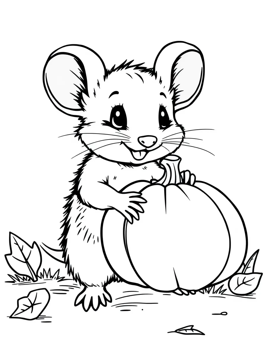 A cute little mouse delivering a miniature pumpkin.