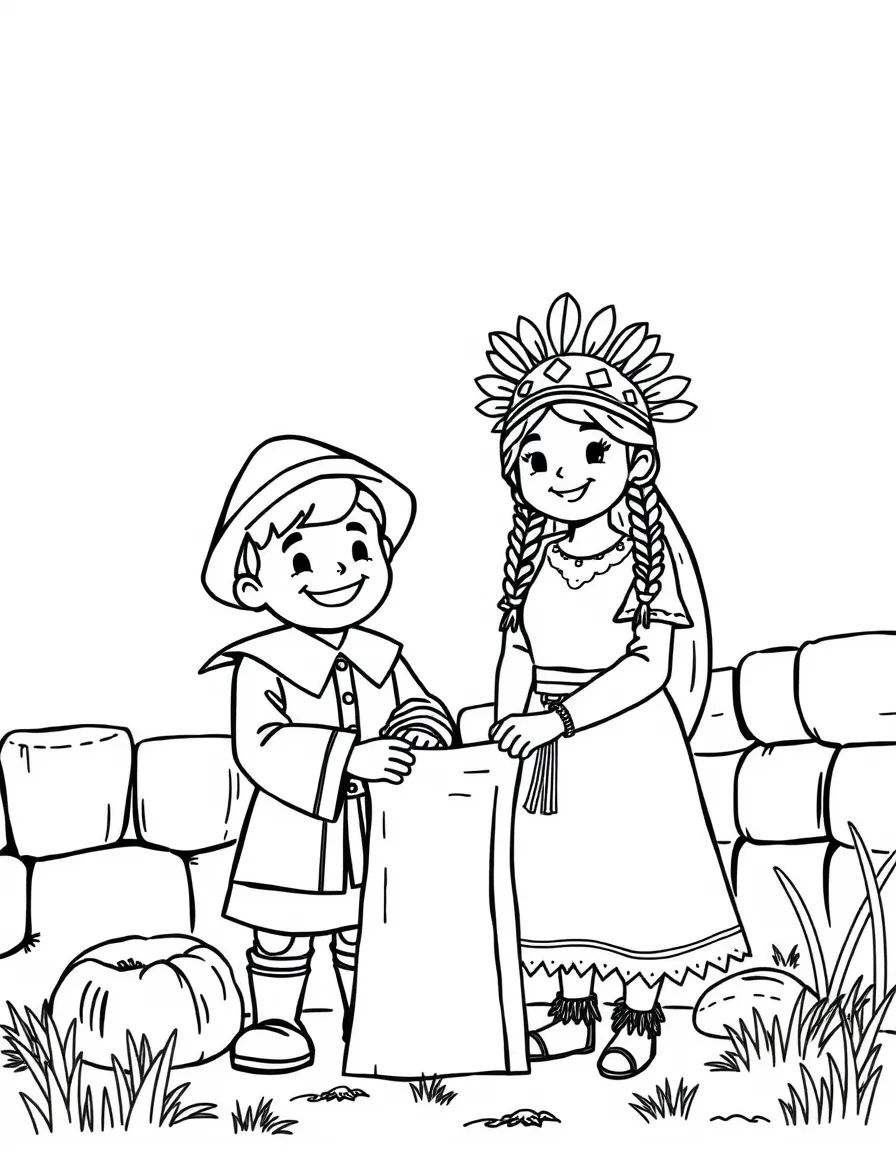 A happy pilgrim boy and Native American girl building a fort.
