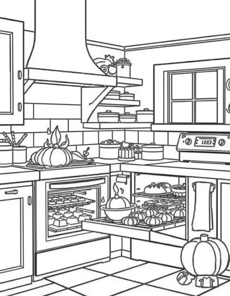 A cozy kitchen with Thanksgiving treats baking in the oven.