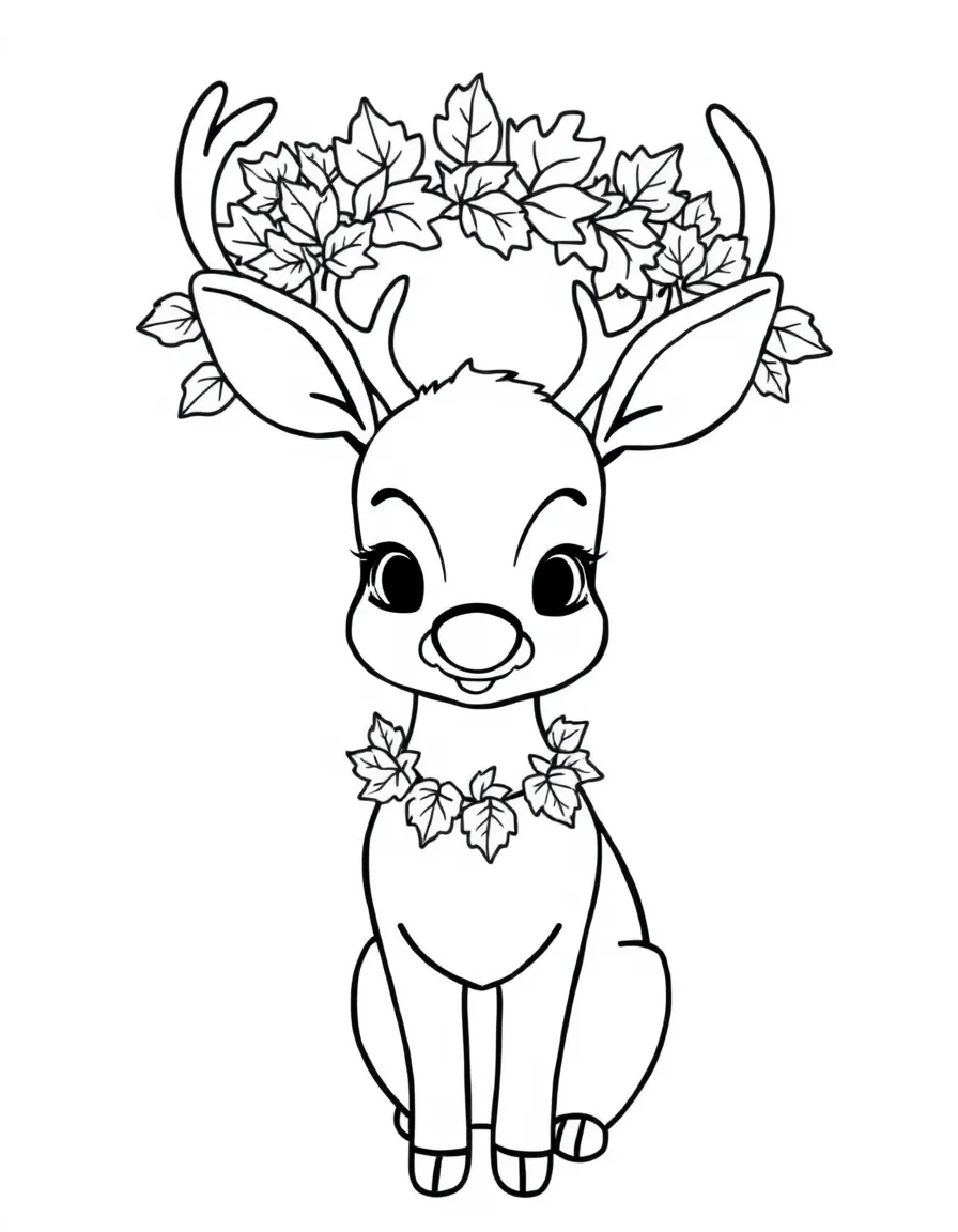 A friendly deer wearing a wreath of autumn leaves.
