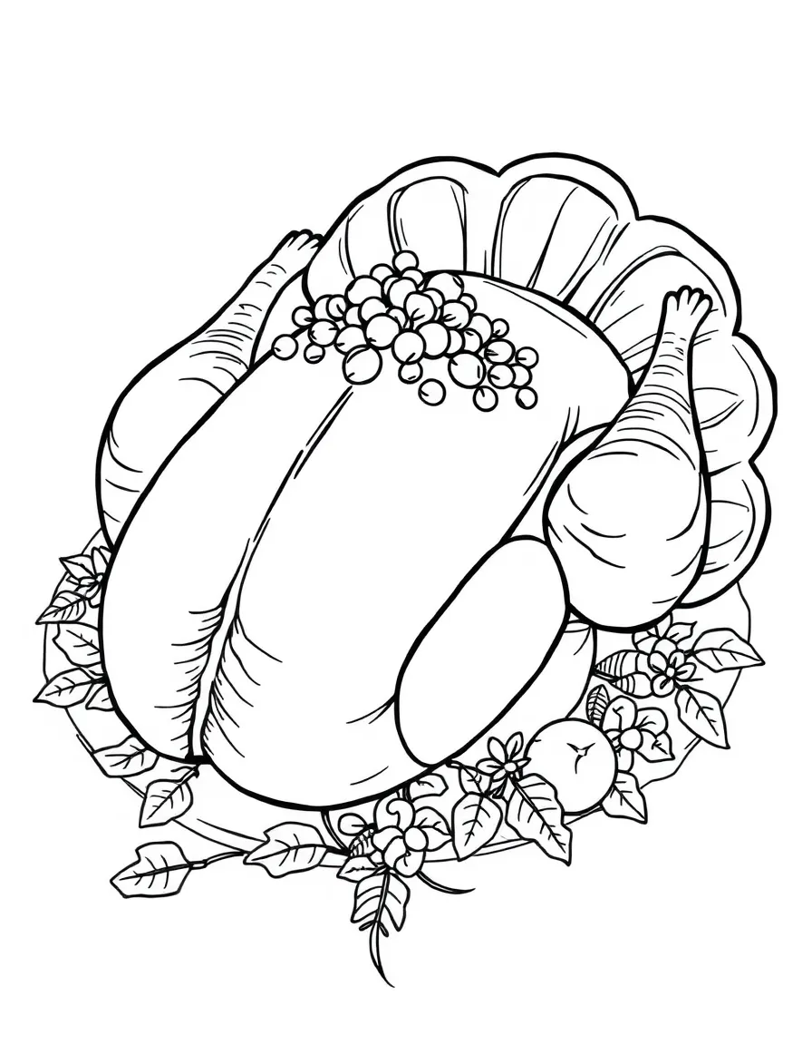 A detailed drawing of a whole roasted turkey, garnished.