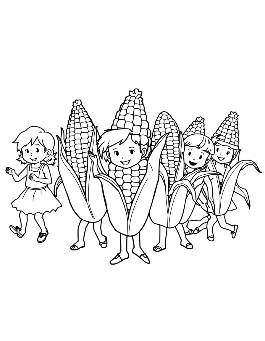 A group of children dressed as corn on the cob, dancing.