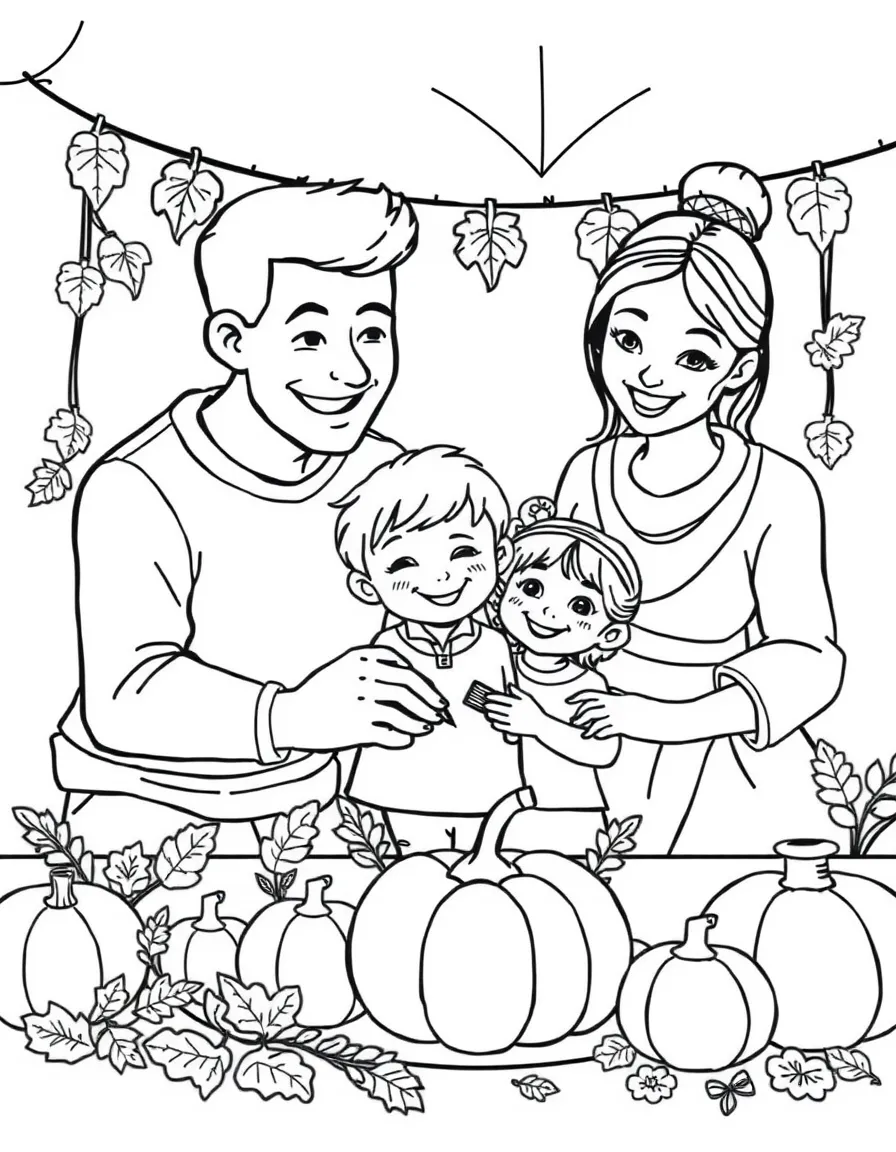 A happy family making Thanksgiving decorations.