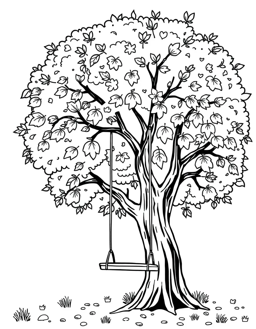 A cheerful autumn tree with a swing hanging from its branch.