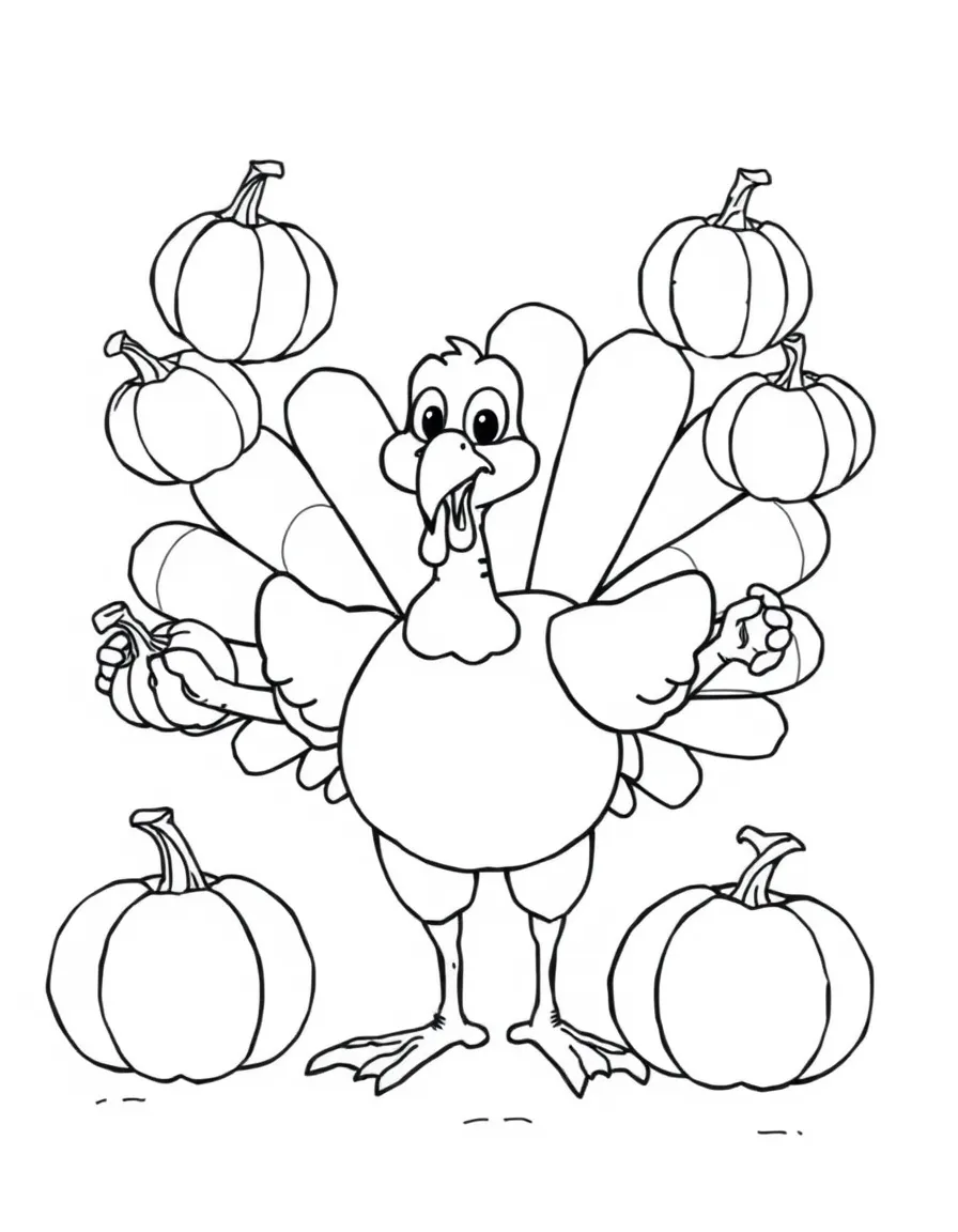 A funny turkey trying to juggle pumpkins.