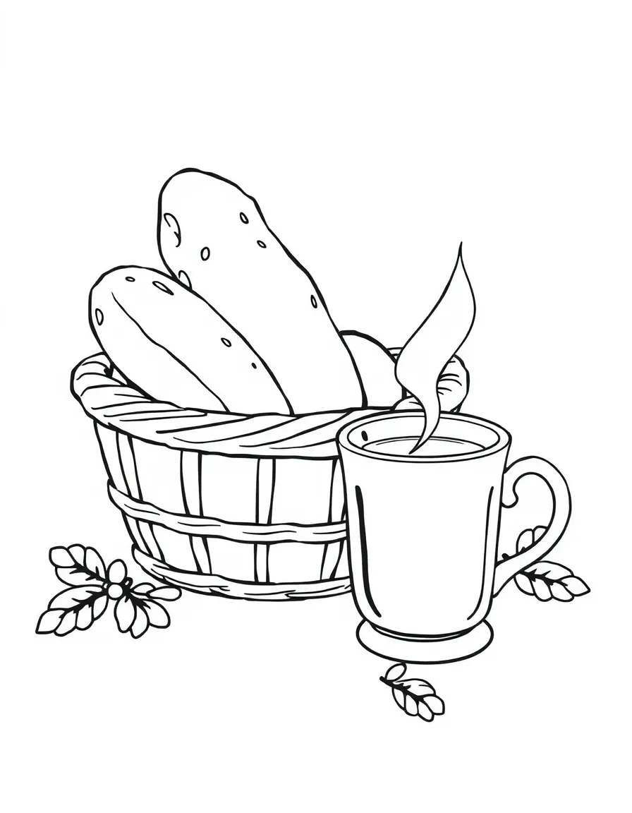 A basket of freshly baked bread and a steaming cup of cider.