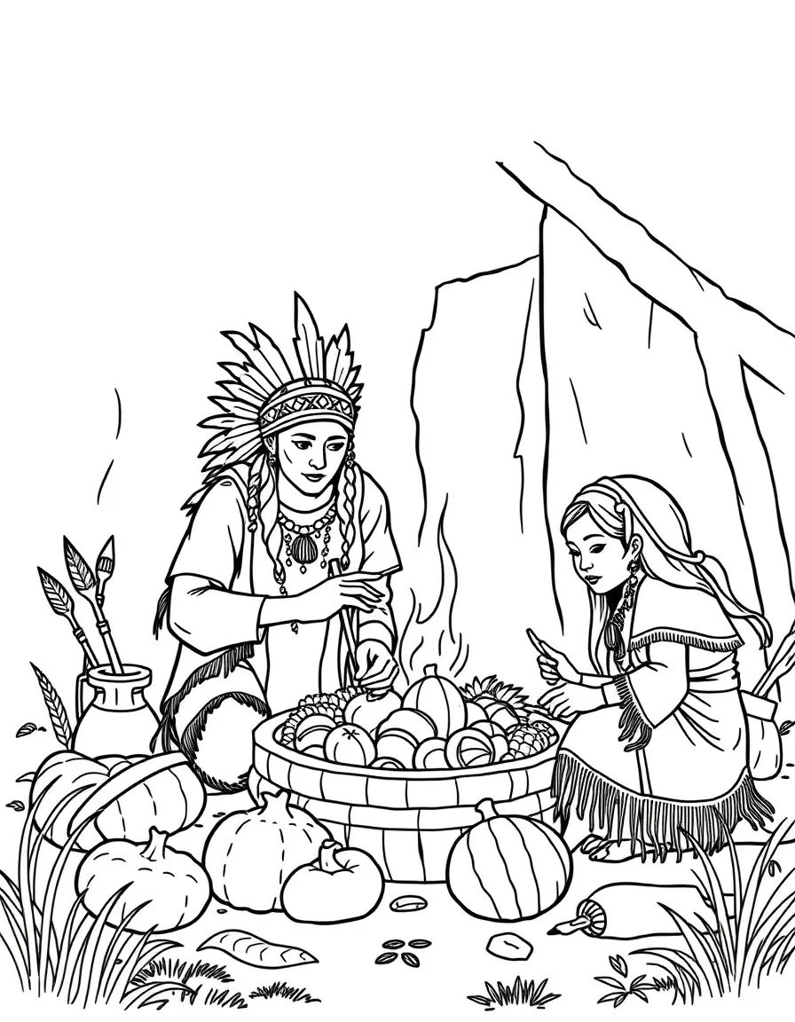 A Native American family preparing a feast in their village.