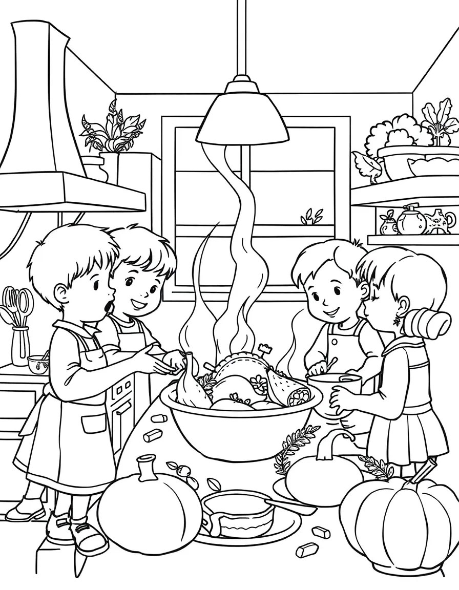 A busy kitchen scene with children helping to cook Thanksgiving dinner.