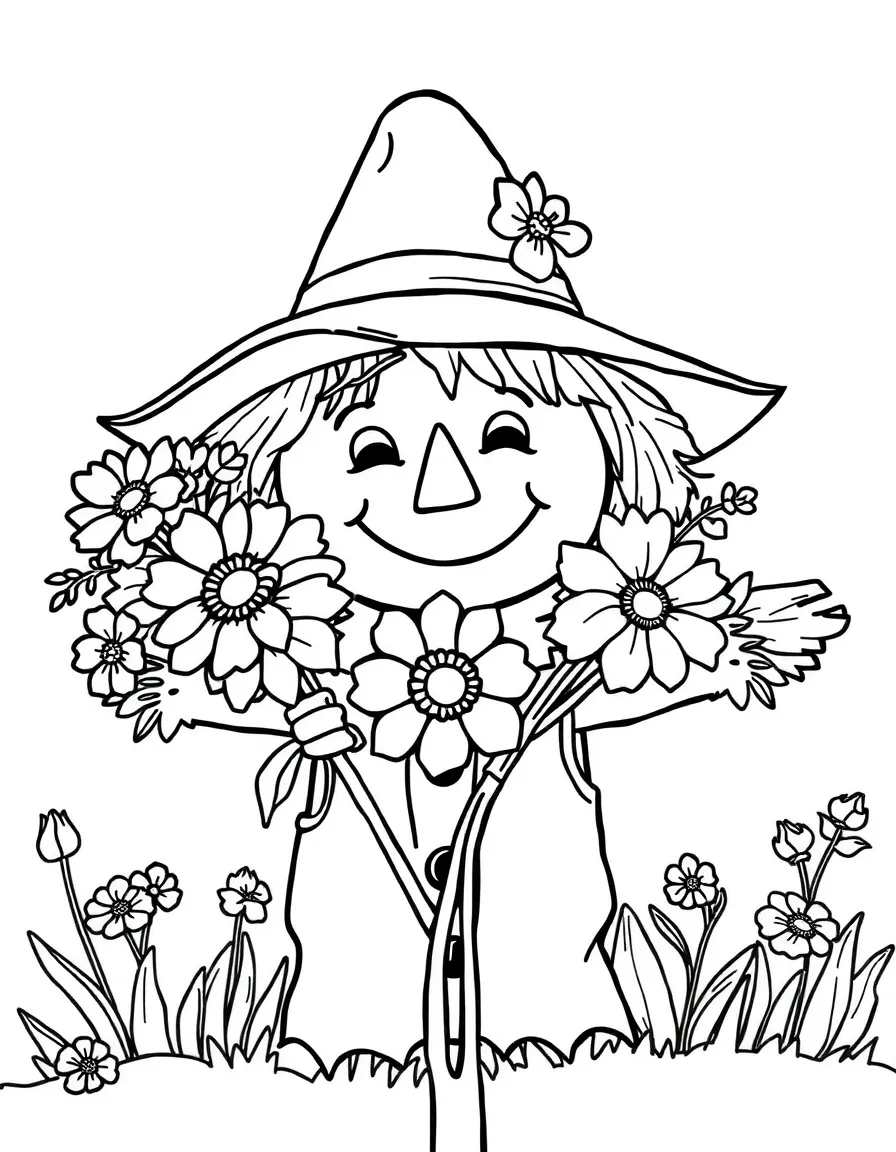 A happy scarecrow holding a bouquet of autumn flowers.