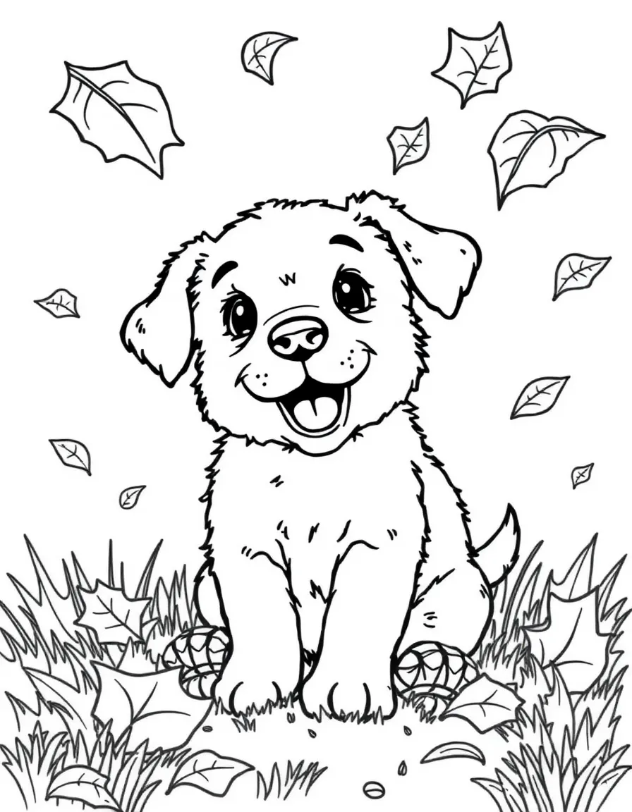 A playful puppy trying to catch falling leaves.