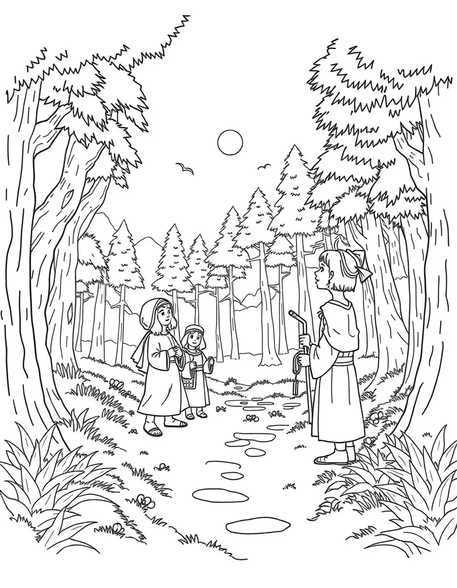 A group of pilgrims exploring a new forest.