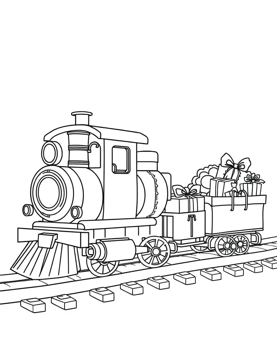 A Thanksgiving-themed train with carriages full of gifts.