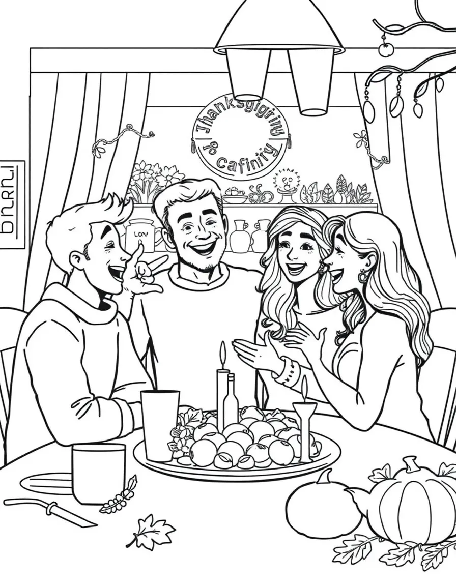A happy family playing charades after Thanksgiving dinner.