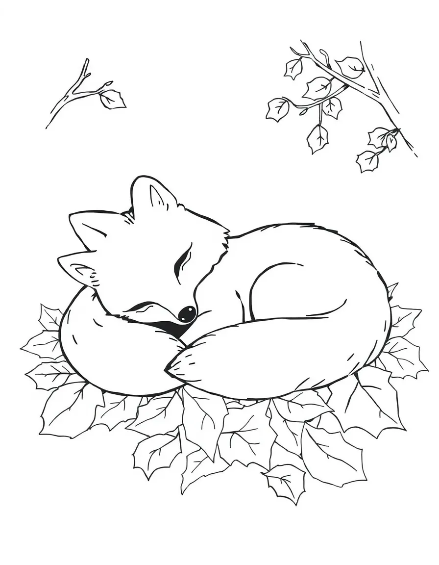 A friendly fox napping on a bed of soft autumn leaves.