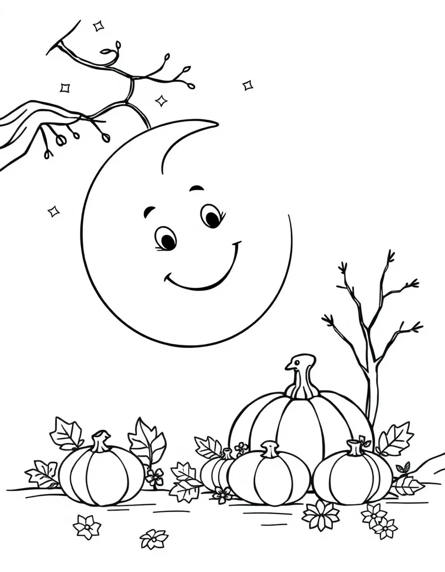 A smiling moon winking at a Thanksgiving celebration.