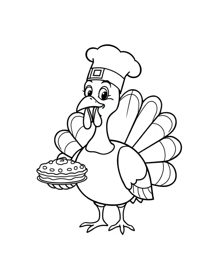 A cheerful turkey wearing a chef's hat and carrying a pie.
