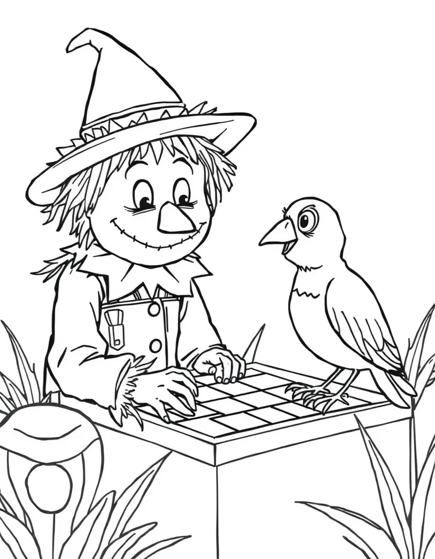 A scarecrow playing checkers with a friendly bird.