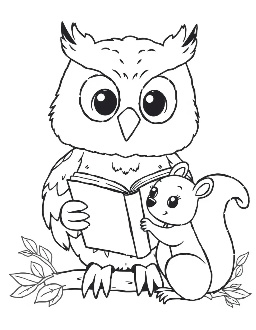 A cute little owl sharing a book with a squirrel.