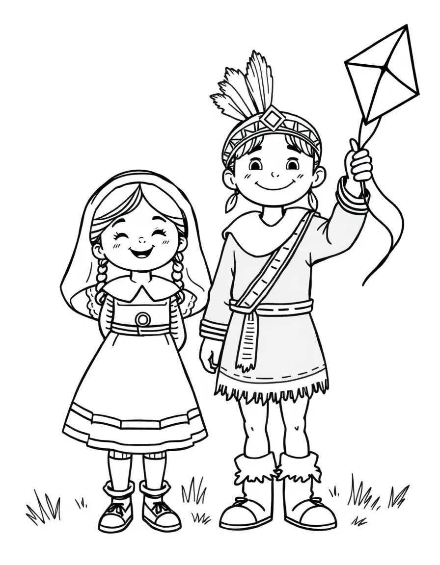 A happy pilgrim girl and Native American boy flying a kite.