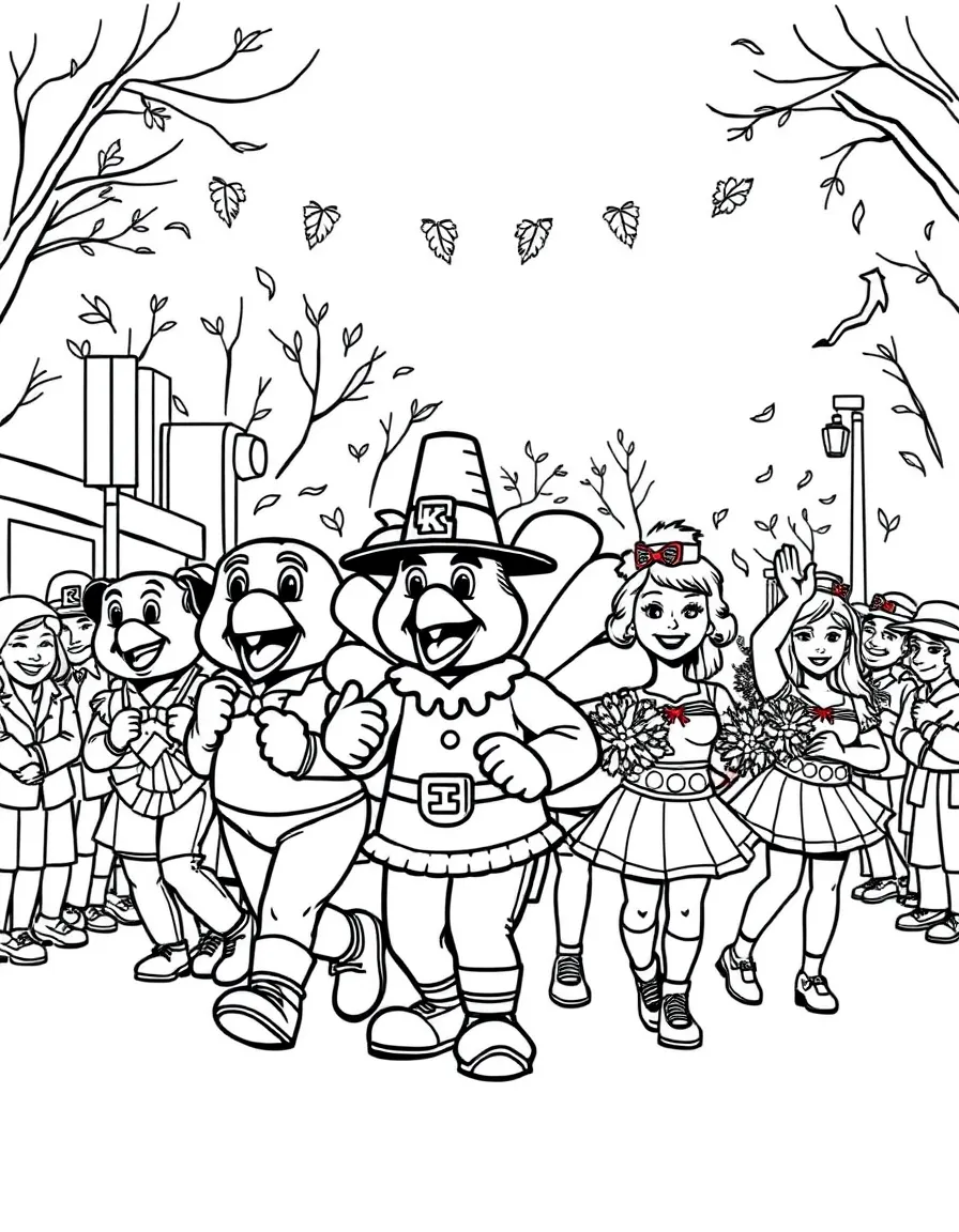 A Thanksgiving parade with mascots and cheerleaders.