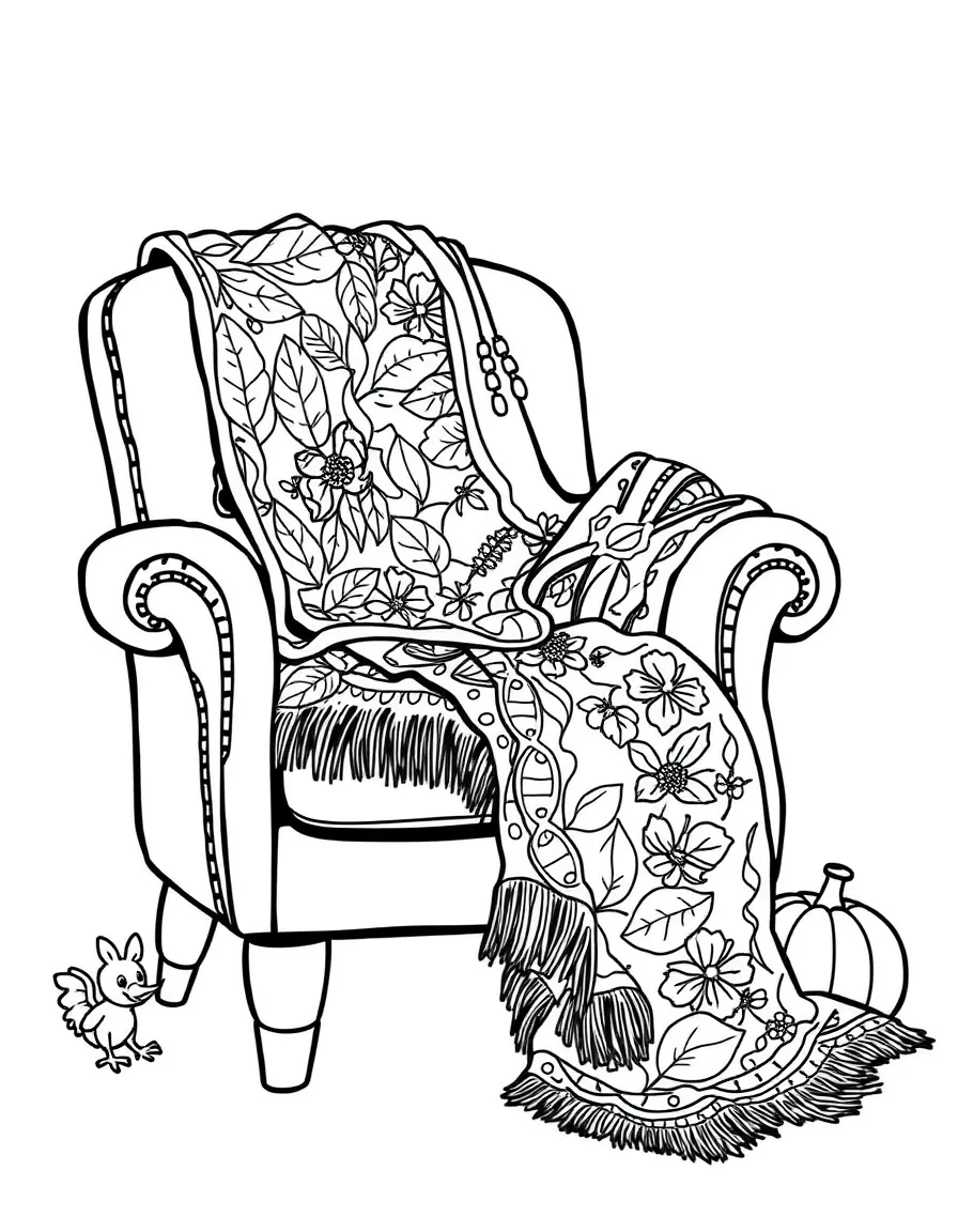 A cozy armchair with a Thanksgiving throw blanket.