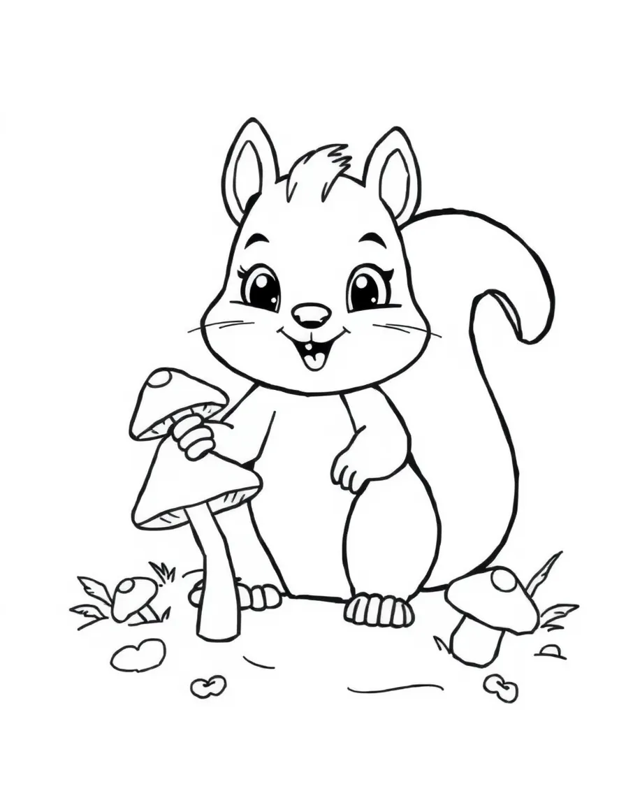 A friendly squirrel collecting mushrooms.