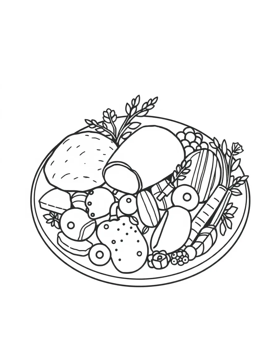 A detailed drawing of a Thanksgiving dinner plate with food.