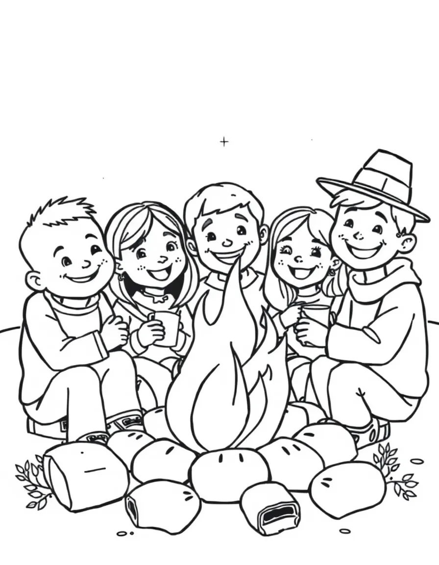 A happy family having a Thanksgiving bonfire with s'mores.