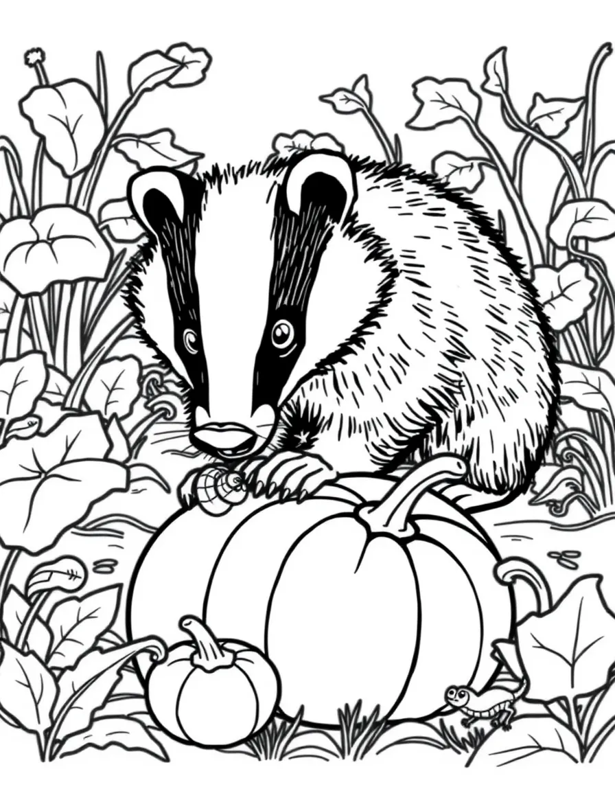 A playful badger looking for worms in a pumpkin patch.