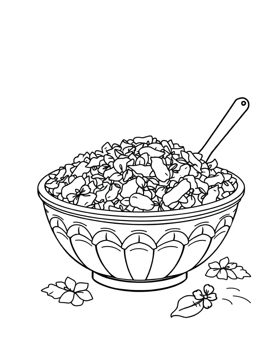 A detailed drawing of a Thanksgiving stuffing bowl.