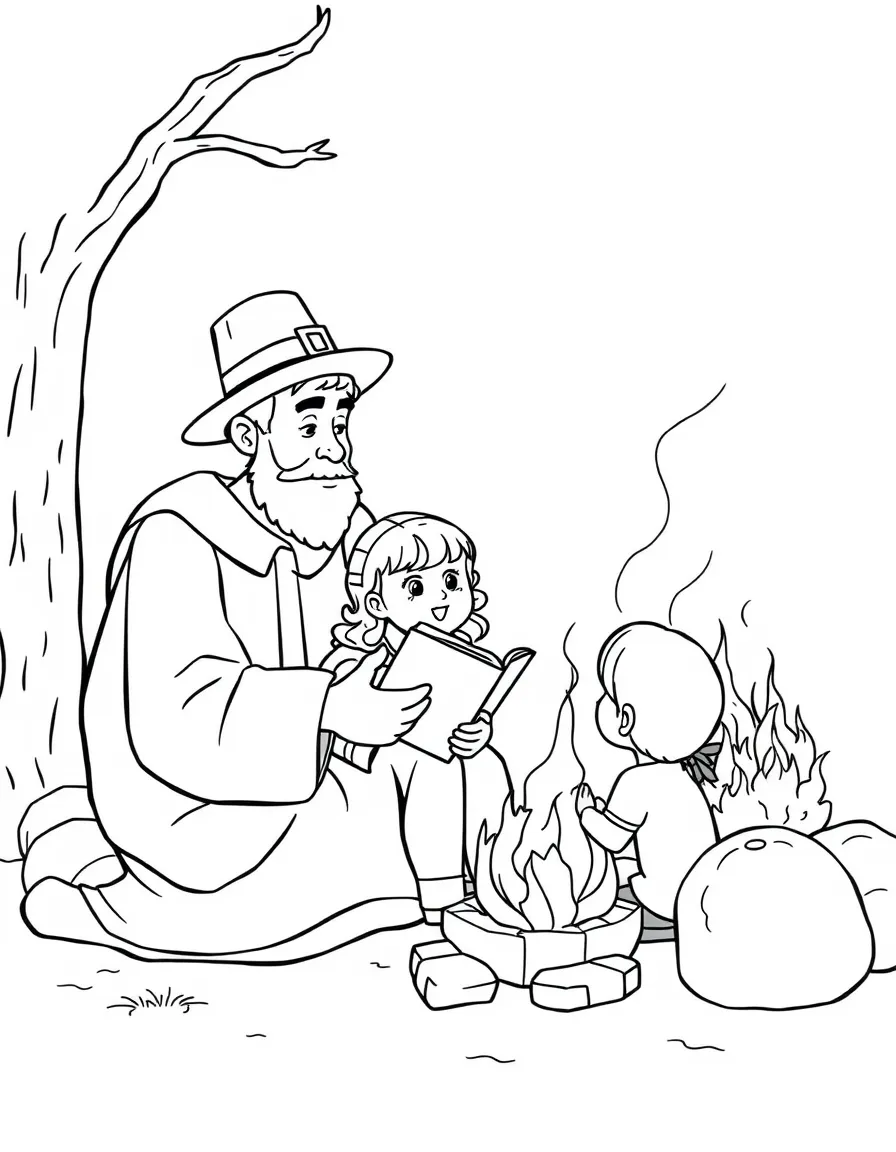 A pilgrim father reading a story to his children by the fire.