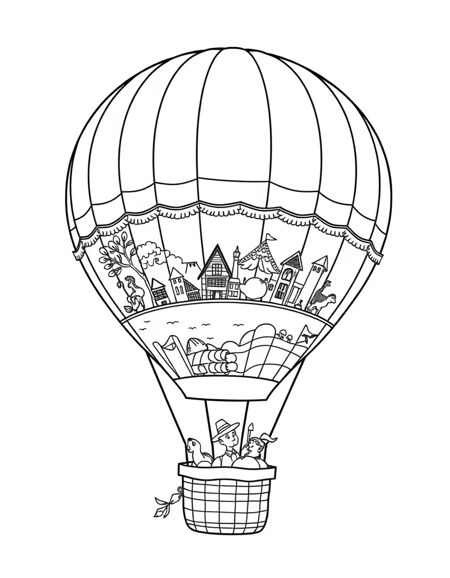 A Thanksgiving-themed hot air balloon showing historical scenes.