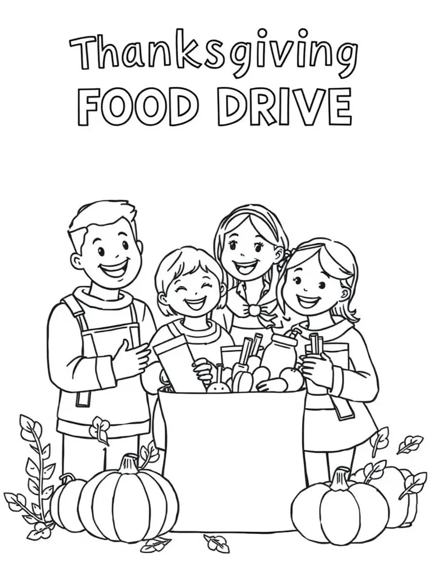 A happy family donating food to a Thanksgiving food drive.