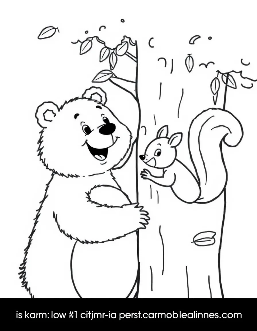 A friendly bear teaching a squirrel how to climb a tree.