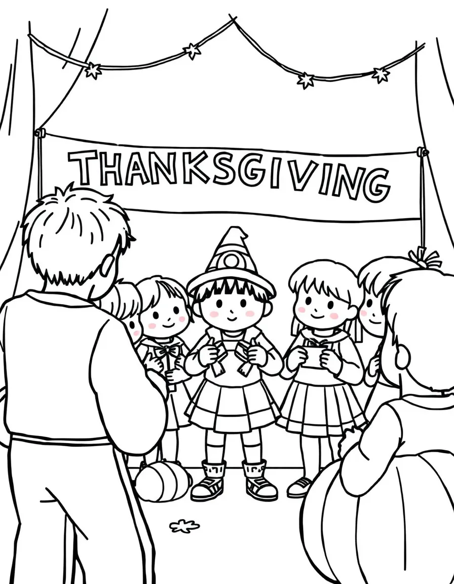 A group of children making Thanksgiving banners.