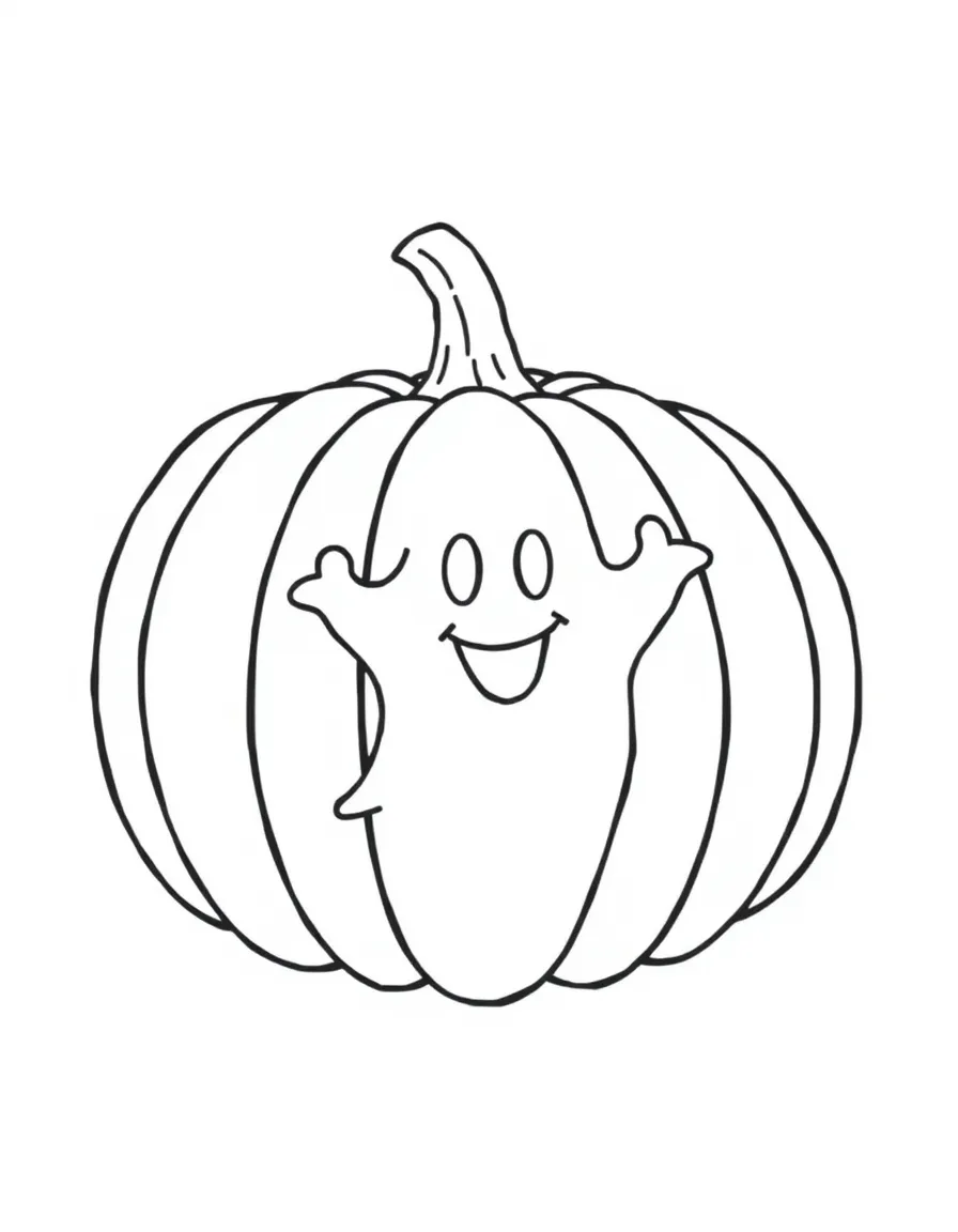 A big, happy pumpkin with a friendly ghost drawn on it.