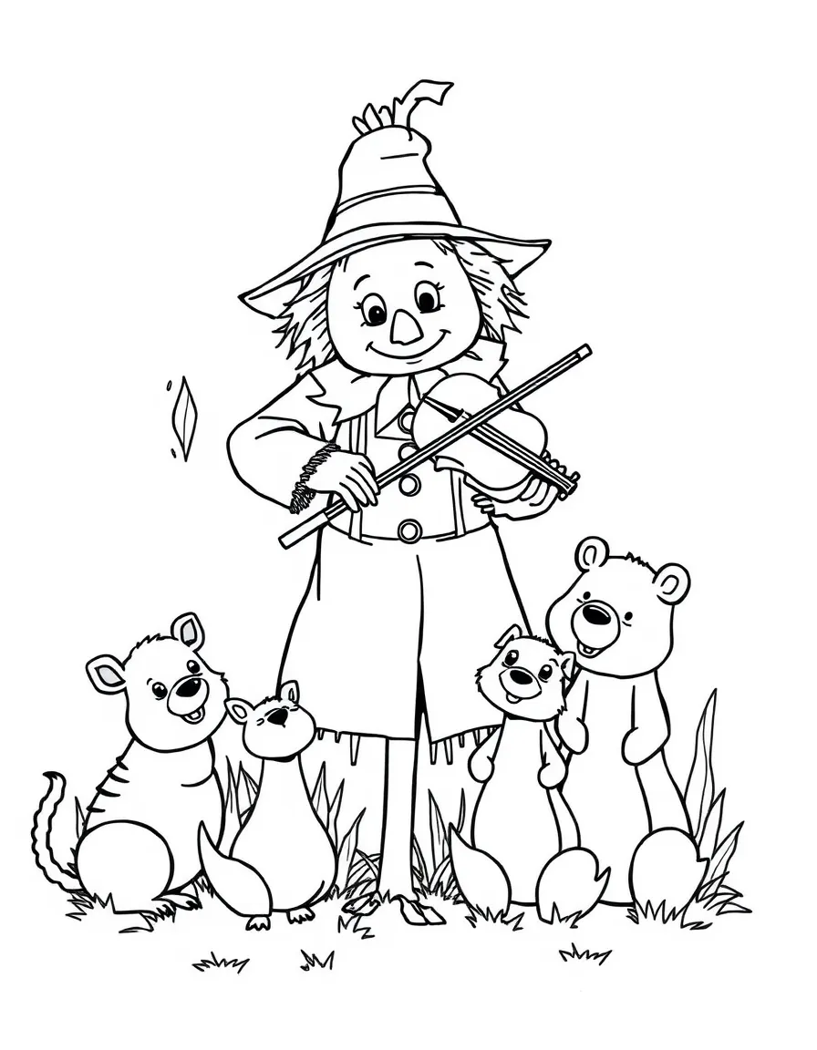 A scarecrow playing a violin for a group of friendly animals.