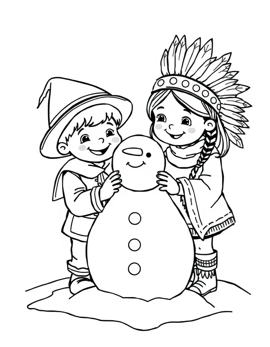 A happy pilgrim boy and Native American girl building a snowman.