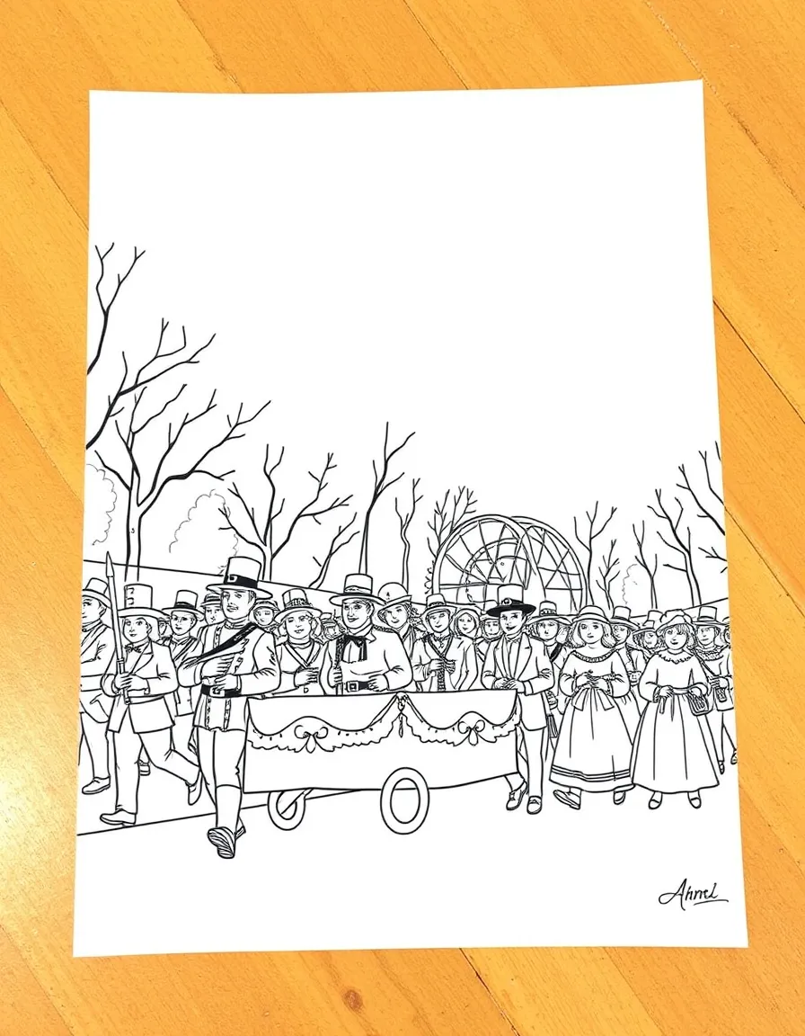 A Thanksgiving parade with marching bands and floats of historical figures.