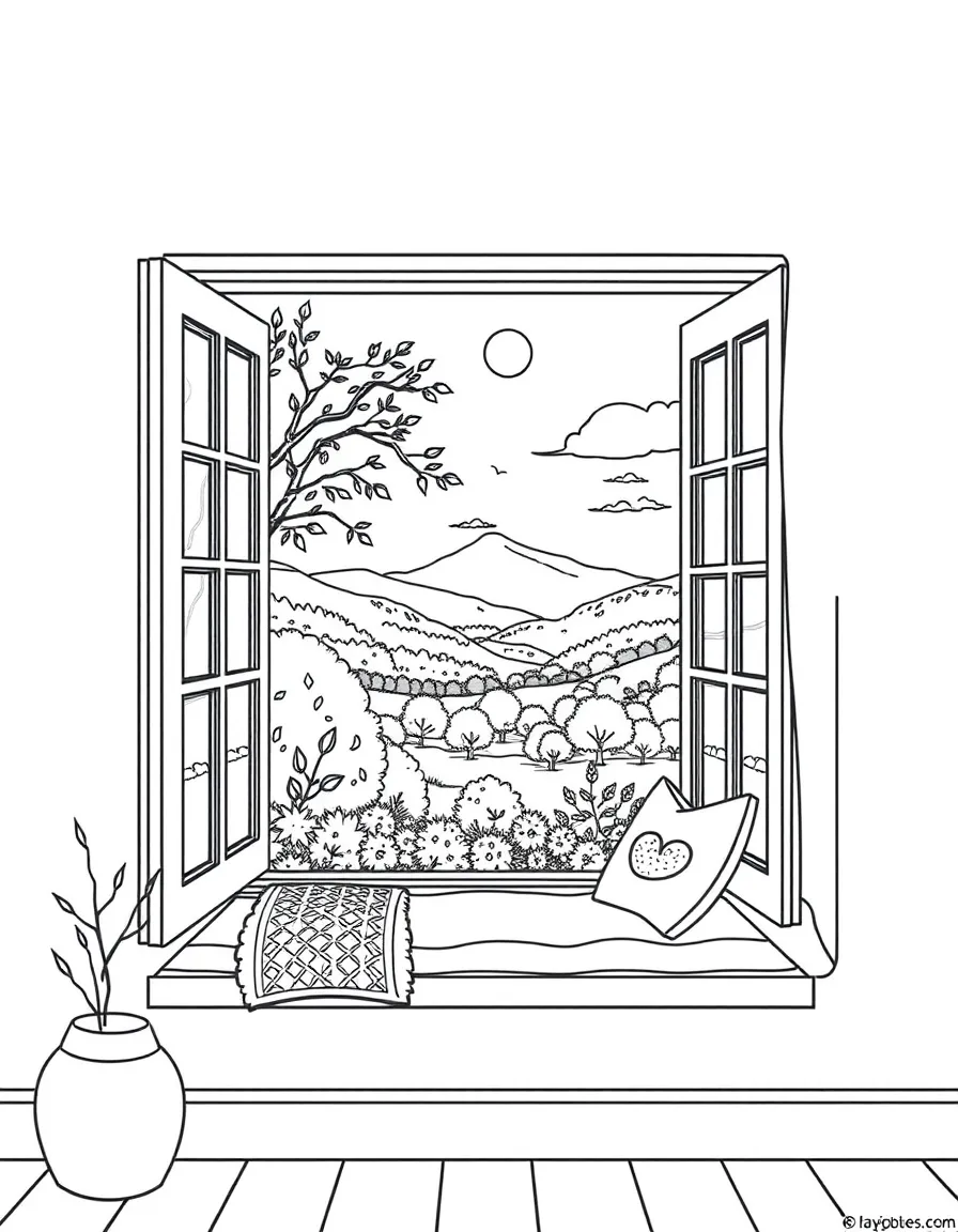 A cozy window seat overlooking an autumn landscape.
