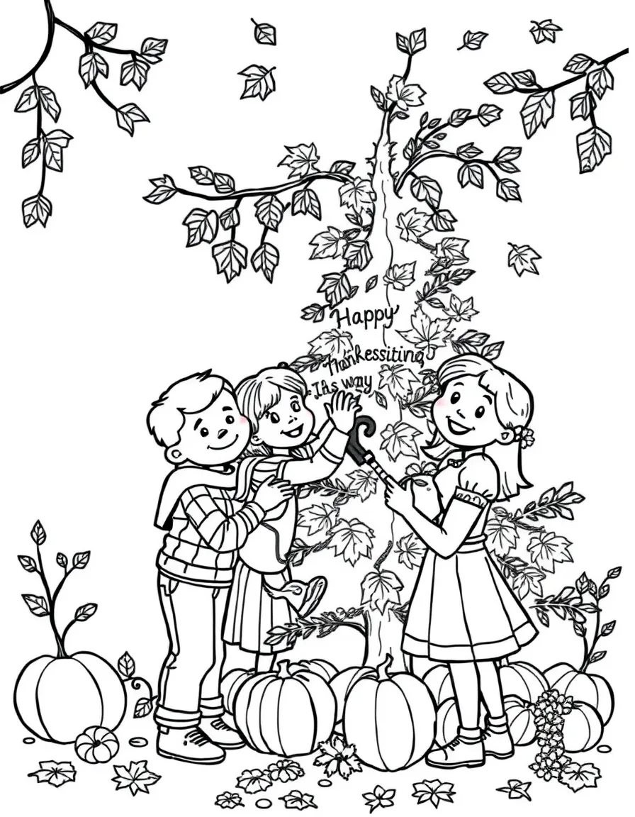 A happy family decorating a Thanksgiving tree with autumn leaves.