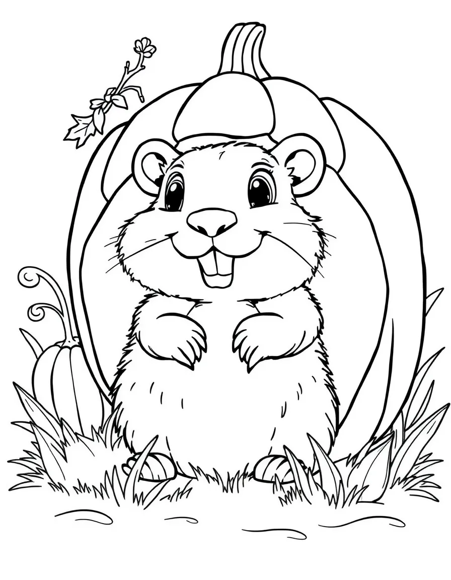 A playful groundhog peeking out from under a pumpkin.
