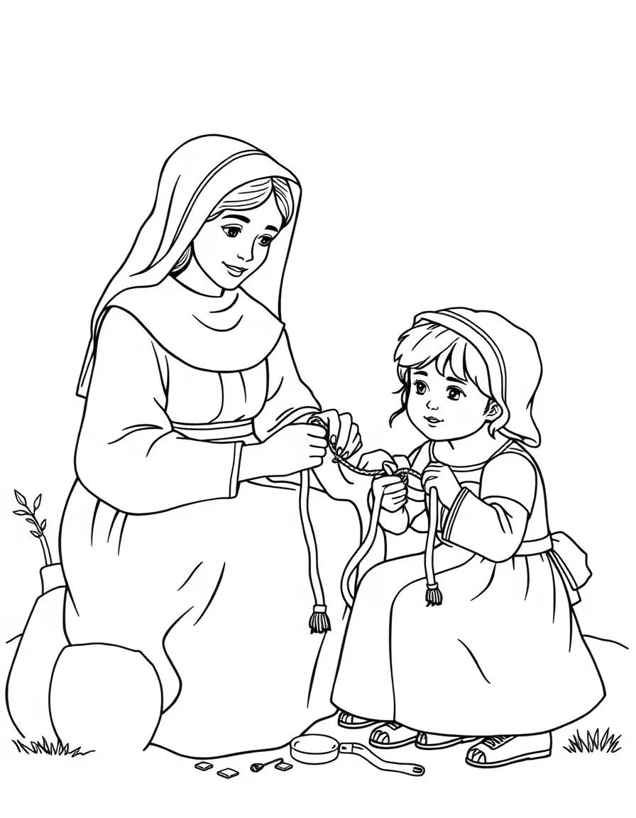 A pilgrim mother teaching her children to knit.