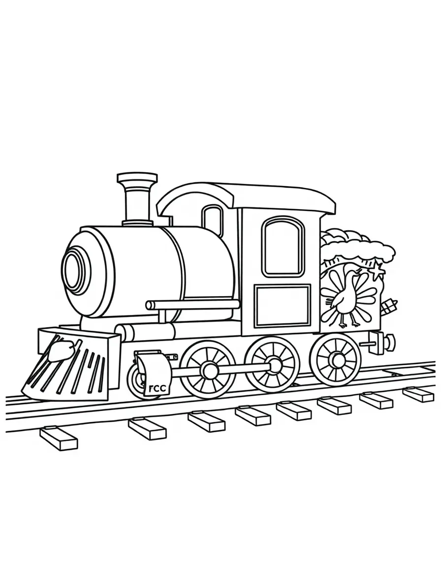 A Thanksgiving-themed train with a caboose shaped like a pie.