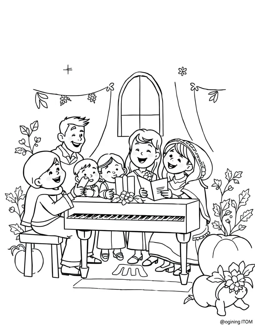 A happy family singing Thanksgiving carols around a piano.