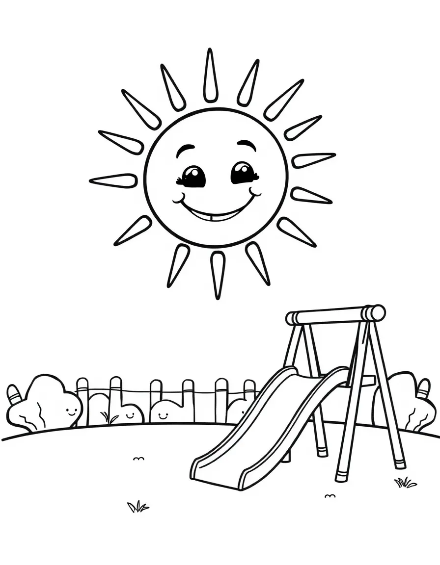 A happy sun shining over a playground with a slide and swings.